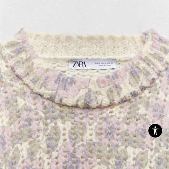 ZARA WOMEN's FLORAL Long Knit Sweater Size Medium White Lila Nwt crew neck - Picture 5 of 13